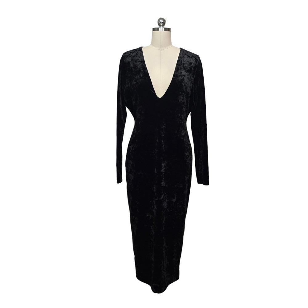 Good American Black Crushed Velvet Deep V-Neck Midi Dress Womens Size XL GDK0125